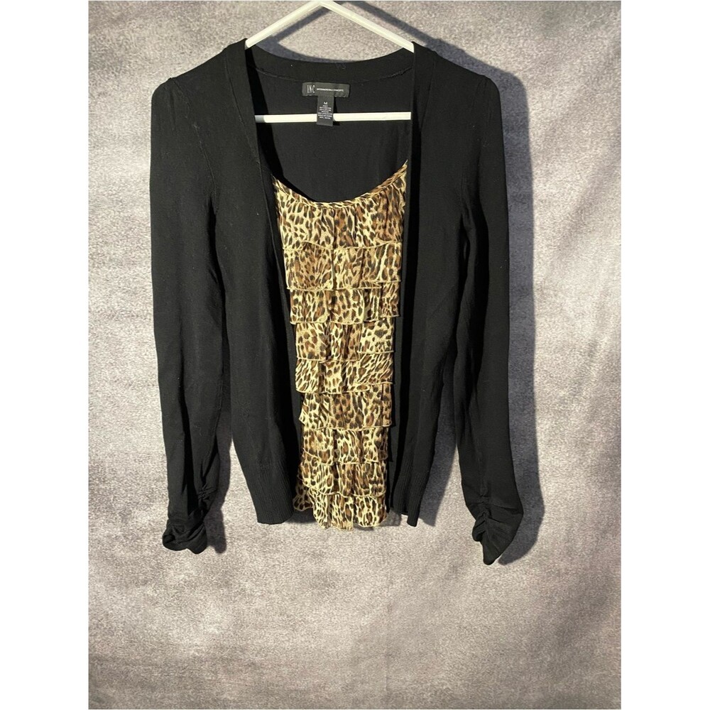 INC International Concepts Leopard Ruffle Cardigan Faux 2-in-1 Top Size M